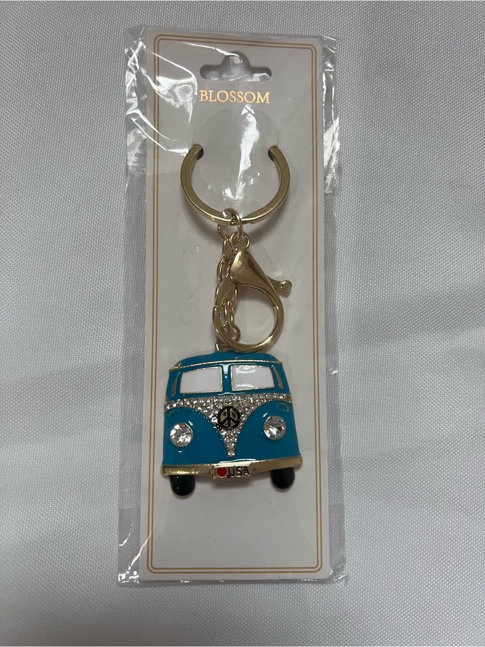 Blossom Blue Rhinestone Hippie Van Keychain Peace Sign NWT - Picture 2 of 10